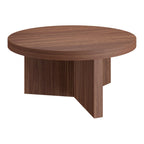 Henn&Hart 36" Fluted Round Wood Pedestal Low-Profile Coffee Table for Living Room, Family Room, or Office, Alder Brown