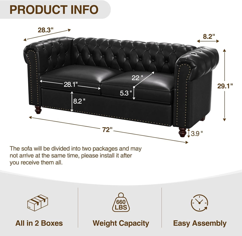 72 Inch Black Sofa, Chesterfield Faux Leather Couch with Wooden Legs, Tufted Leather Sofa with Rolled Arms, Mid Century Modern Couch with Rivets for Living Room, Apartment, Office