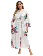 Women's Floral Long Satin Robes Plus Size Long Silk Robes Peacock Floral Kimonos Sleepwear Dressing Gown