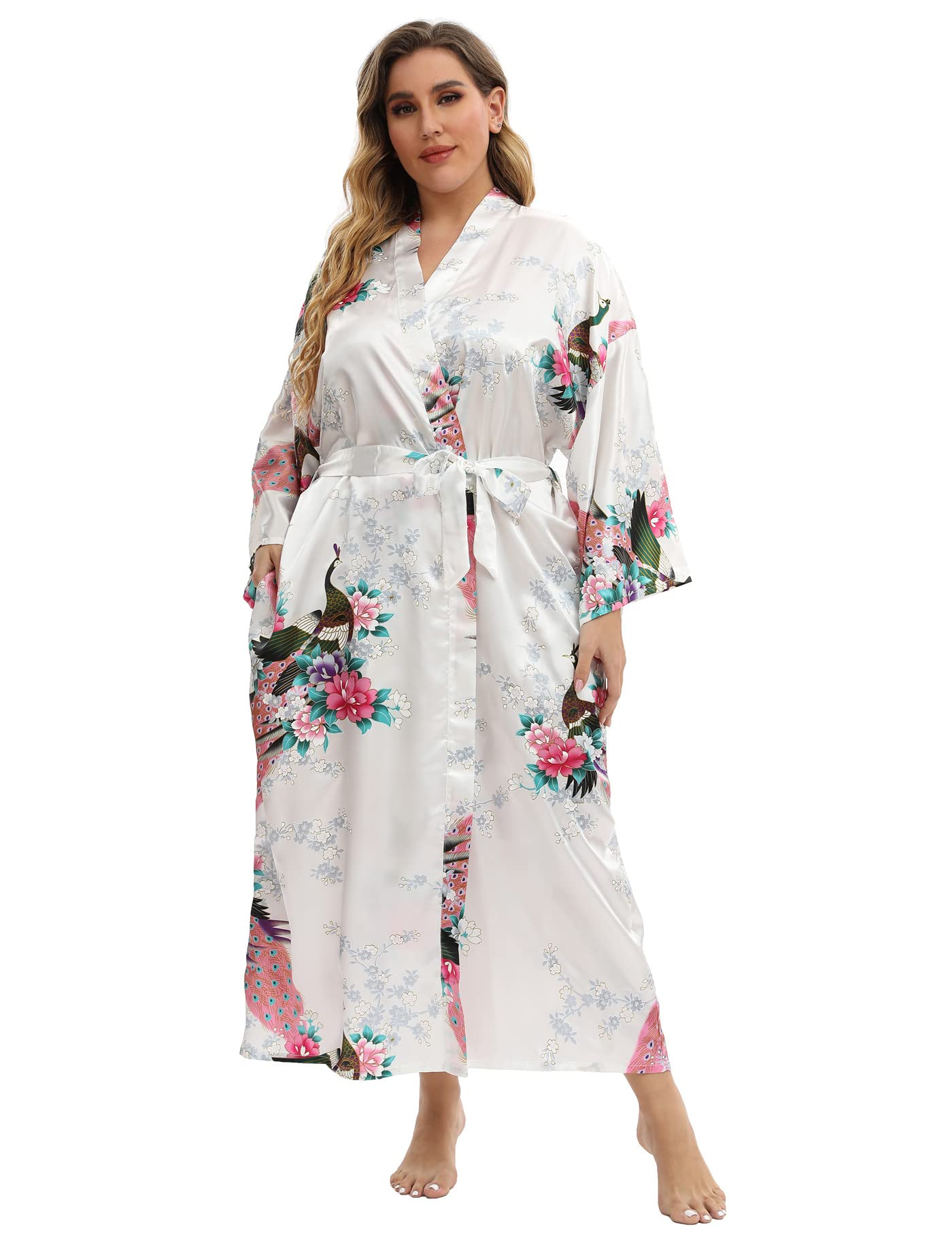 Women's Floral Long Satin Robes Plus Size Long Silk Robes Peacock Floral Kimonos Sleepwear Dressing Gown
