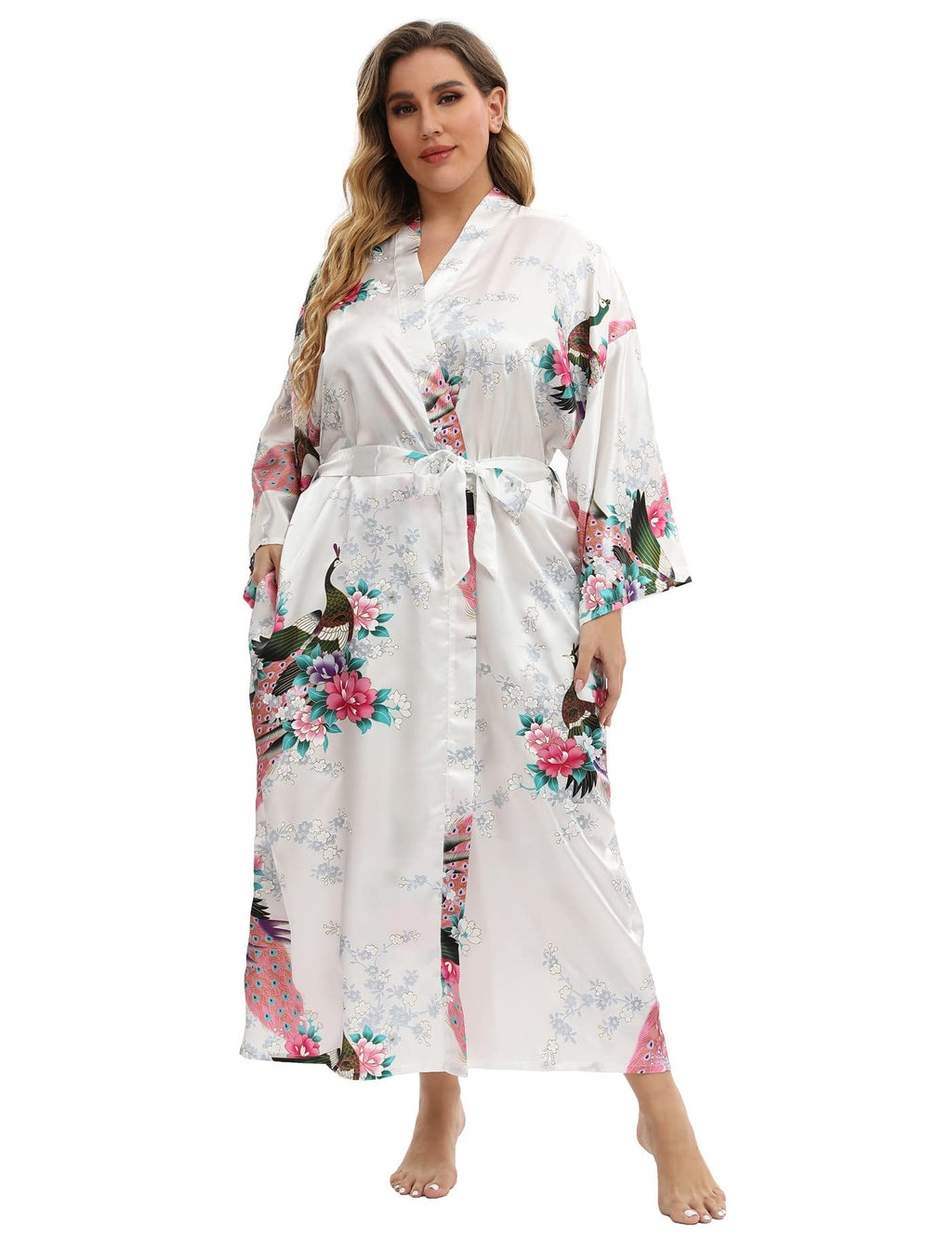 Women's Floral Long Satin Robes Plus Size Long Silk Robes Peacock Floral Kimonos Sleepwear Dressing Gown