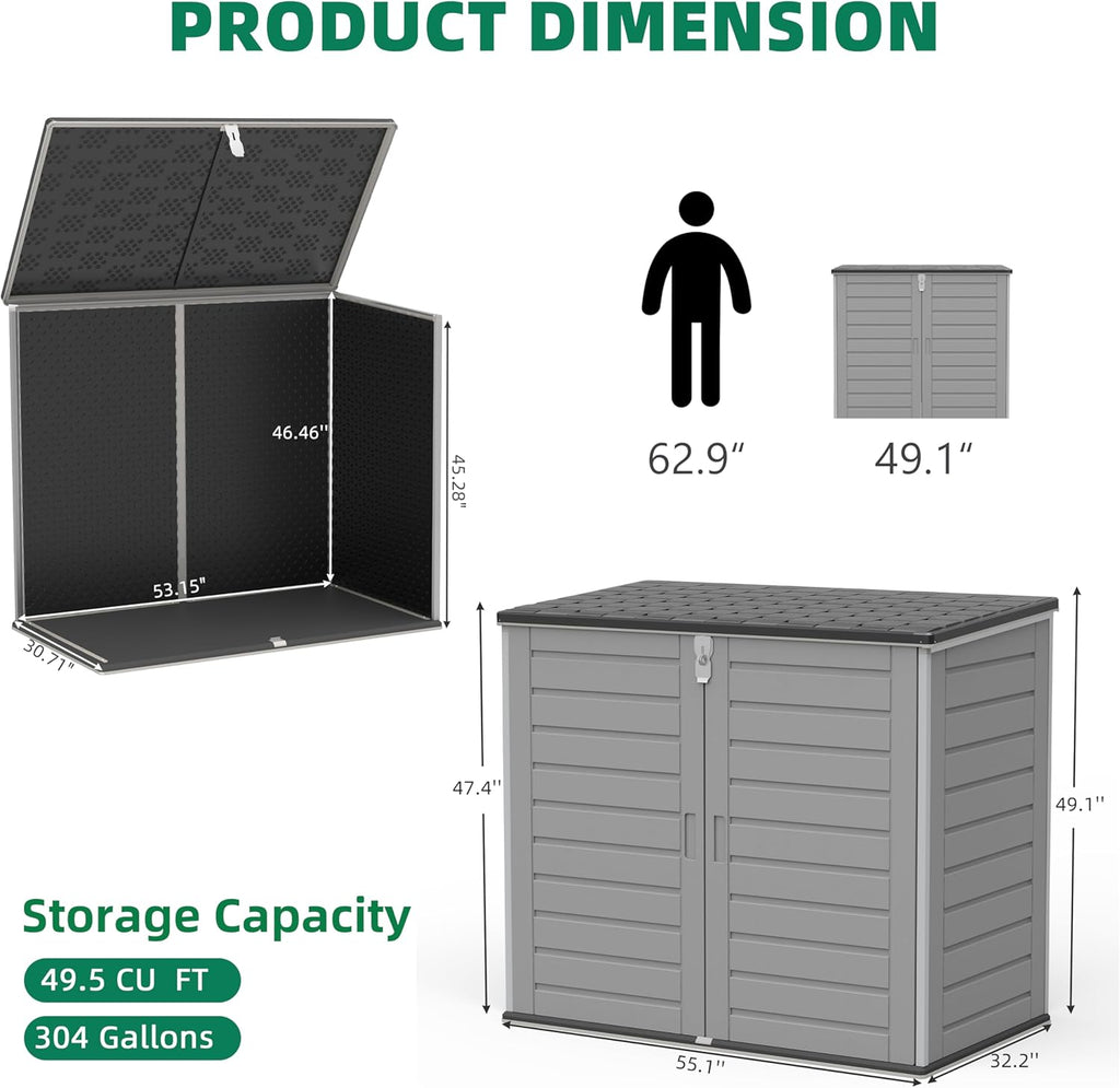 Outdoor Trash Can Storage Shed 4.6 x 4.1 FT, 304 Gallon Resin Shed with Lockable Doors & Lift Lid, Waterproof Outdoor Storage for Garden Tools, Cushions & Patio Equipment