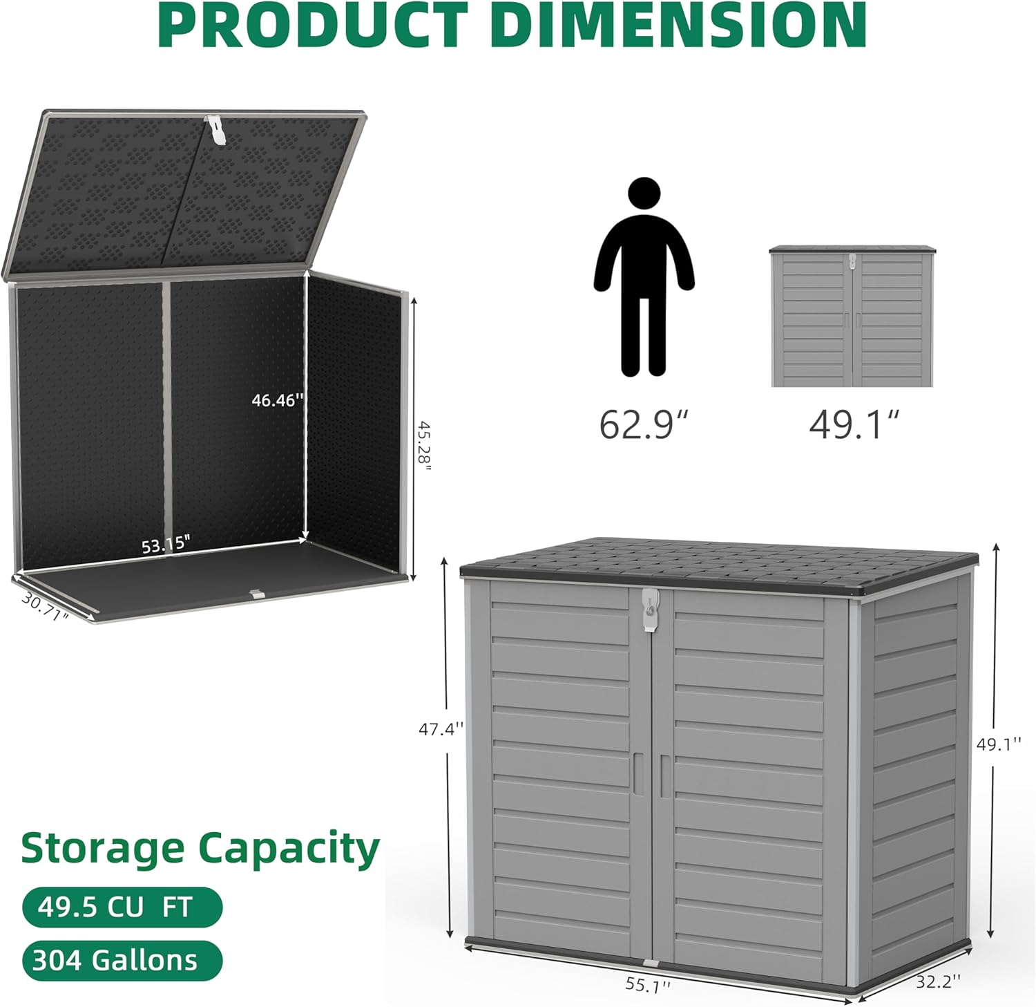 Outdoor Trash Can Storage Shed 4.6 x 4.1 FT, 304 Gallon Resin Shed with Lockable Doors & Lift Lid, Waterproof Outdoor Storage for Garden Tools, Cushions & Patio Equipment