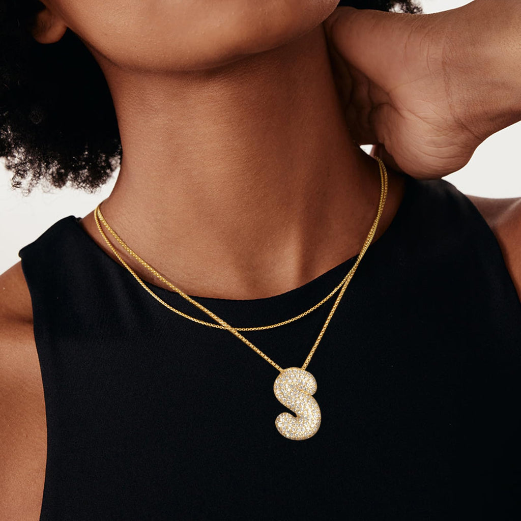 KissYan Bubble Letter Necklace, 14K Gold Plated Balloon Initial Pendant Box Chain Necklace Dainty Pave CZ Jewelry Gift for Women(Gold A)