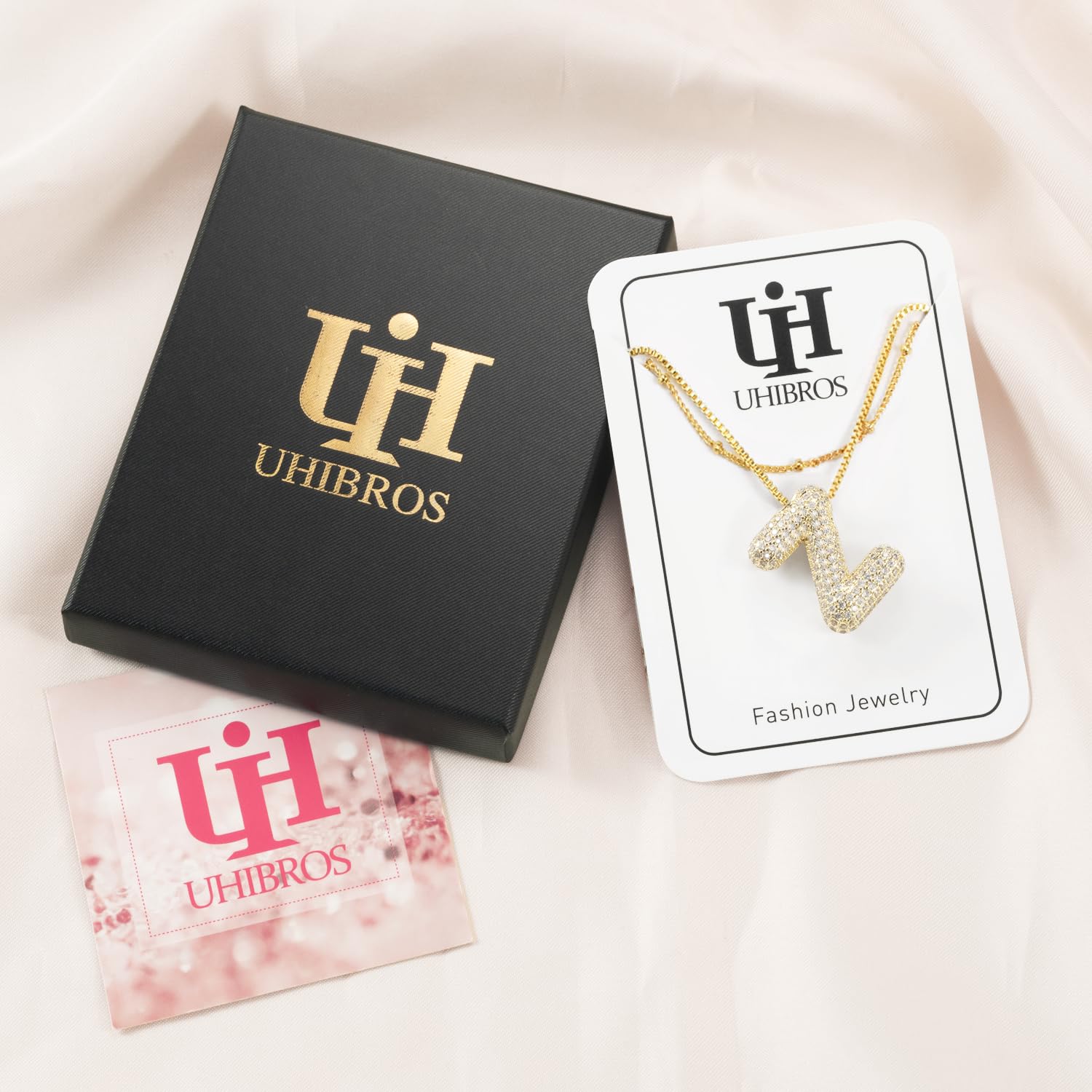 UHIBROS Bubble Letter Necklace, Gold Balloon Initial Necklaces for Women, Cubic Zirconia Dainty Charm Alphabet Pendant, 18K Gold Plated Custom Name Choker, Trendy Puffy Personalized Jewelry