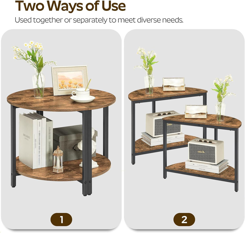 End Tables Set of 2, 23.6" Half Round Coffee Tables, Half Moon Table, 2-Tier Nightstands with Open Shelves, Entryway Table for Living Room, Bedroom, Rustic Brown KF02BR