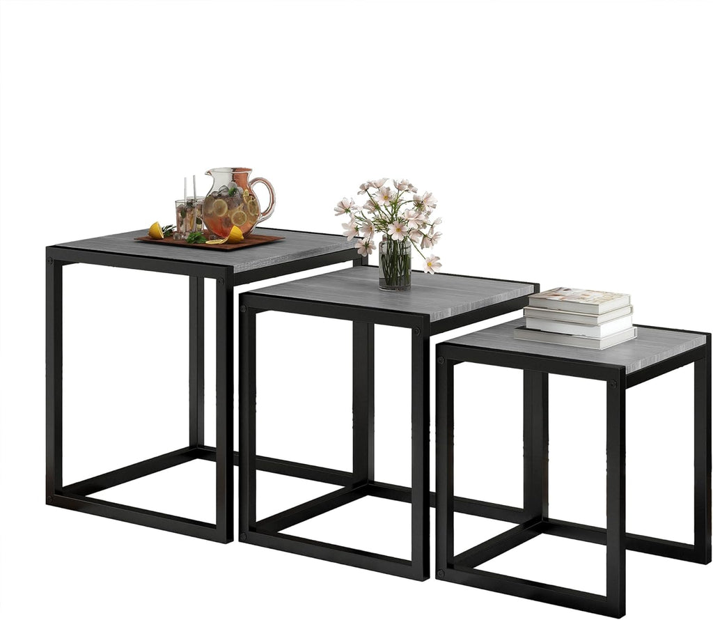 Nesting Table Set of 3 Side Tables, Modern Coffee Table Stacking End Table with Metal Frame (A-Square, Grey)