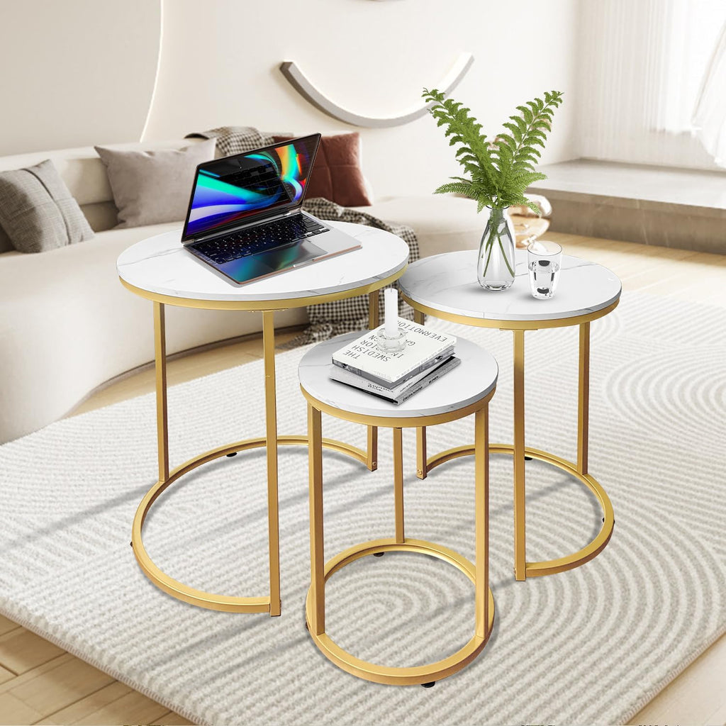 AT-VALY Nesting Tables Coffee Table Set of 3,Round Side Table Small Accent Table for Living Room,Bedroom Apartment (Gold)