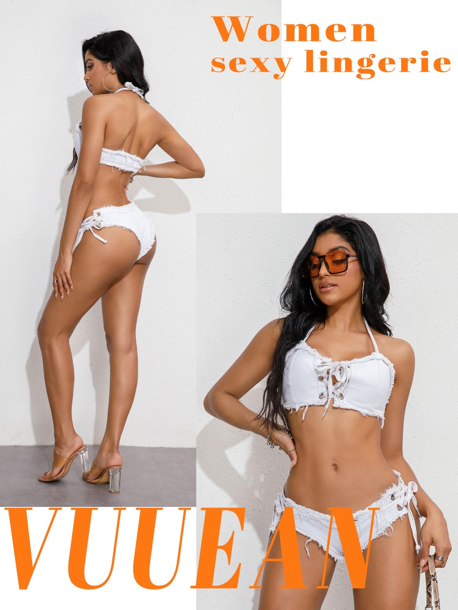 Ensemble lingerie bikini en jean pour femmes VUUEAN avec soutien-gorge à lanières et short sexy (Couleur : ensemble blanc, Taille : L)