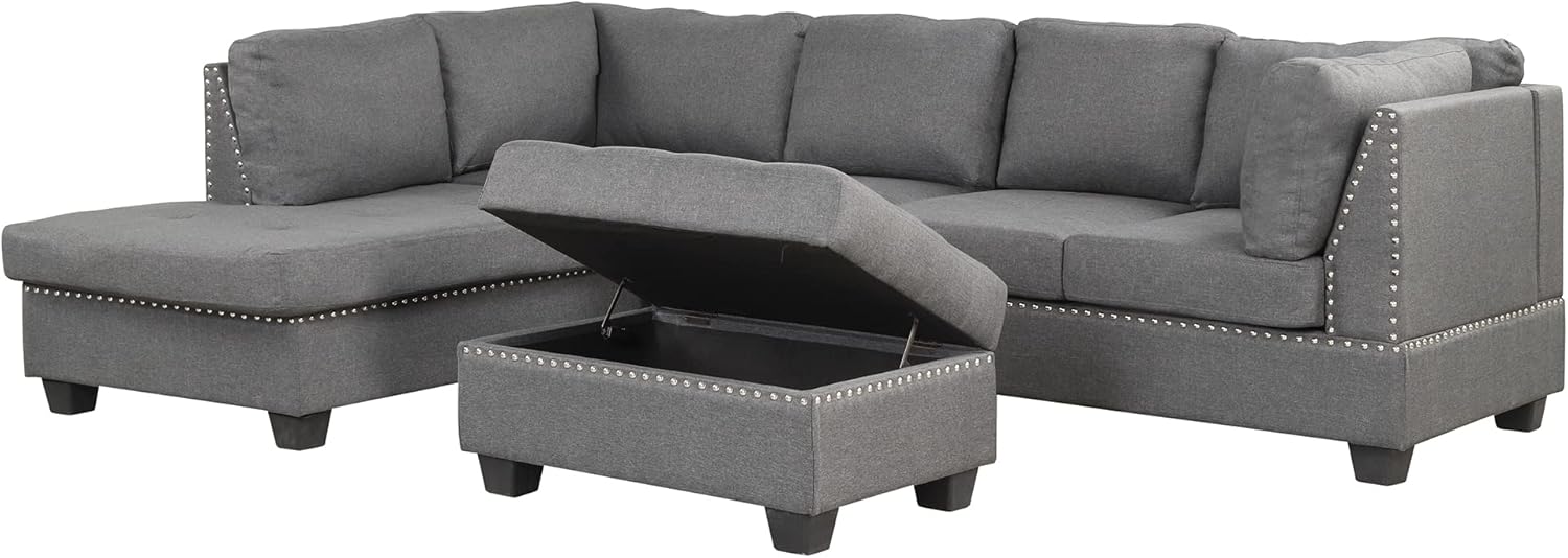 L-Shaped Oversized Reversible Sectional Sofa Couch with Drop-down Cupholders ,Modern Living Room 6 Seaters Corner Tufted Upholstered Sofa&Couch W/Reversible Chaise ,Storage Ottoman and Nailhead Decor