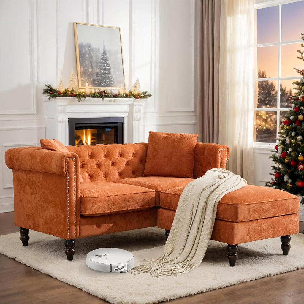 62" Chesterfield Tufted Velvet Sofa Couch with Gourd Wooden Legs, Classic Loveseat Sofa Couch with Nailhead Trim and Flared Arms, Comfy Loveseat Sectional with Chaise for Living Room, Orange
