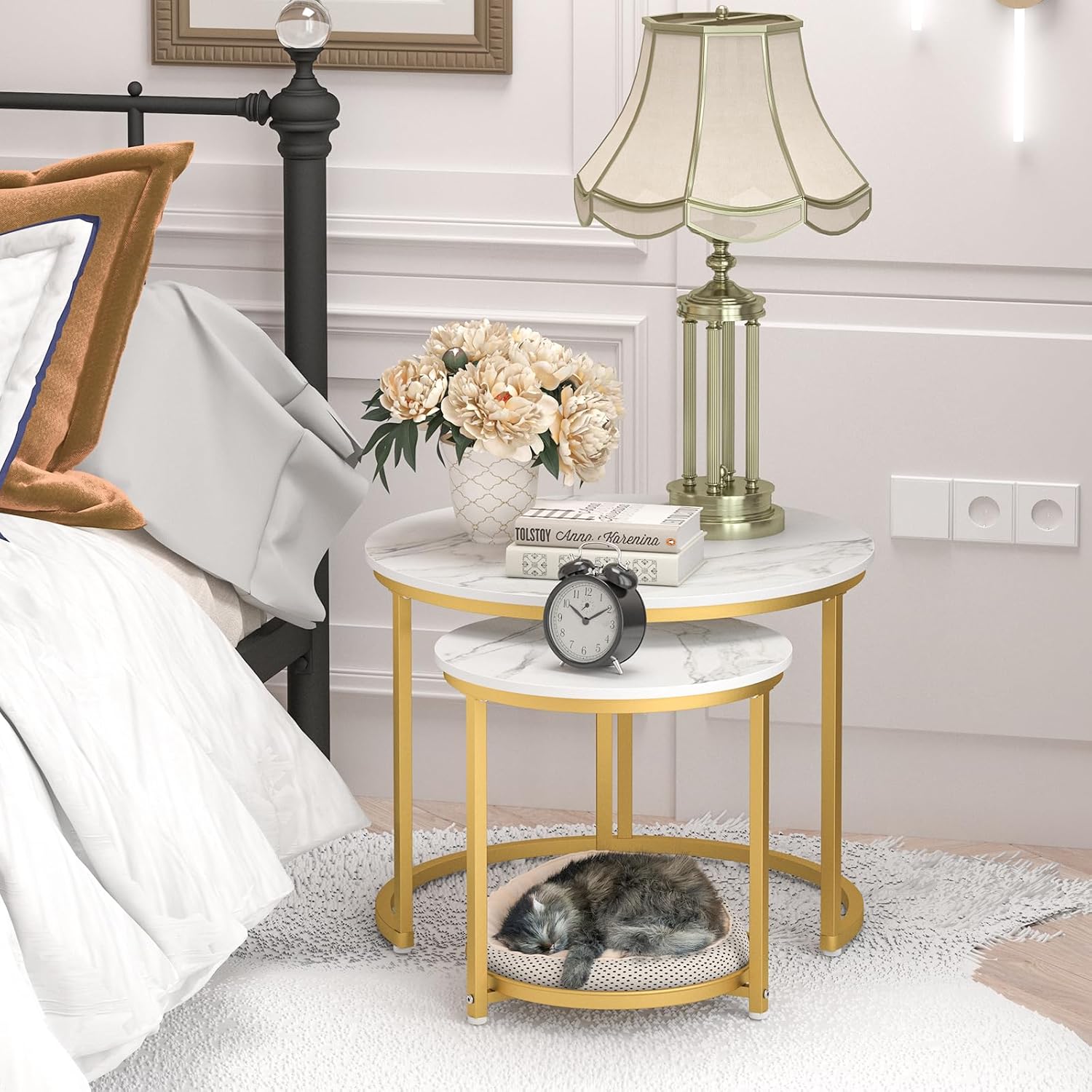 Nesting Coffee Table Set of 2,23.6" Modern Round Coffee Table with Gold Metal Frame,White Nesting Circle Patio Coffee Table Set of 2 for Living Room Garden Bedroom (White)