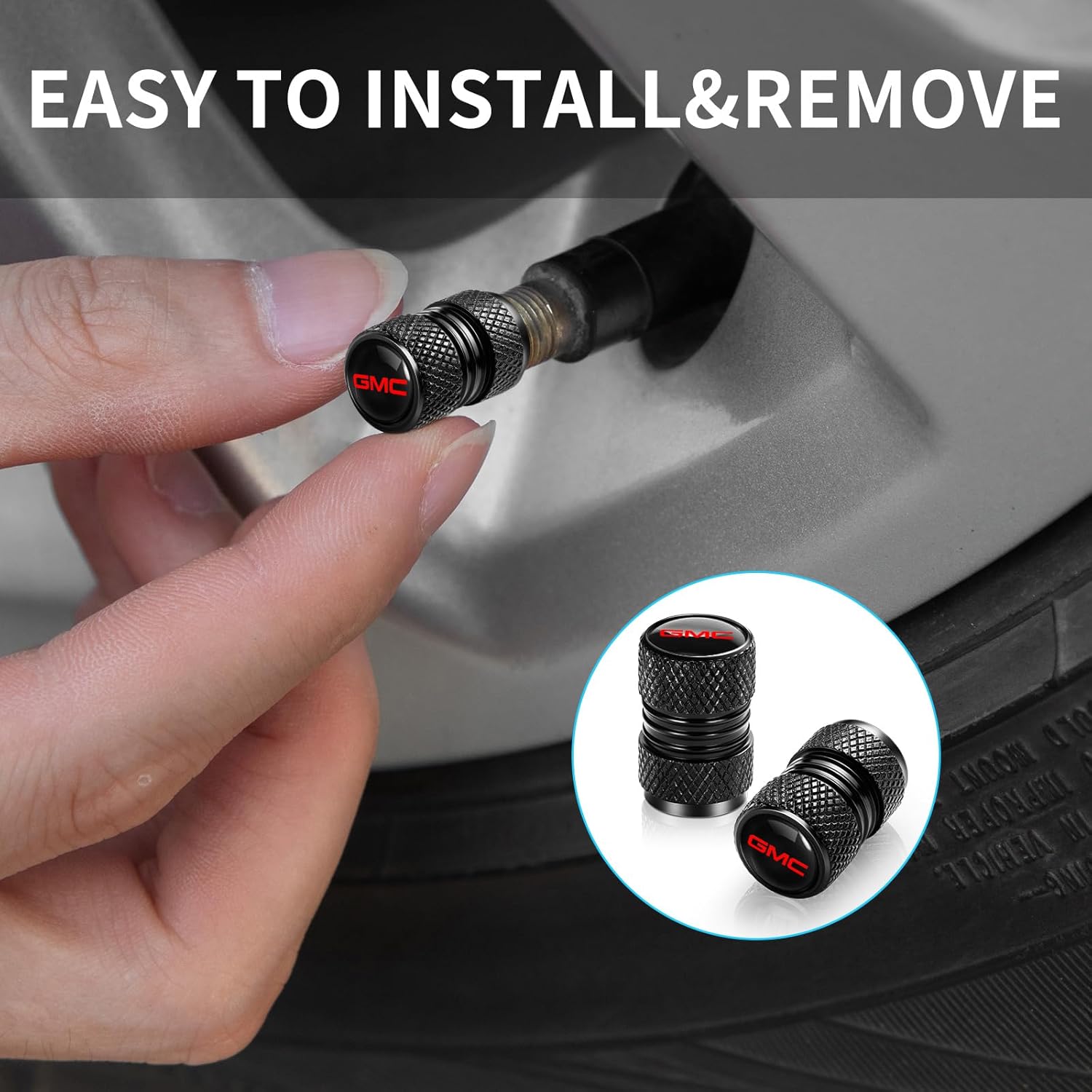 Tire Valve Stem Cap for GMC Metal Tire Stem Cover with Belt O-Ring Air caps Sports Accessories 4 Pieces (Black)