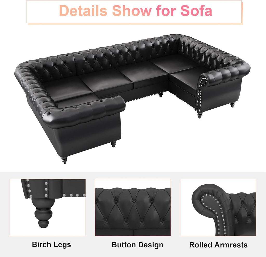 AVZEAR 3 Pieces Sectional U-Shaped Sofa, Leather Modular Sectional Couches Chesterfield Sofa Set, Modern Living Room Furniture Sets Upholstered Couch Set for Living Room, Office and Apartment, Black