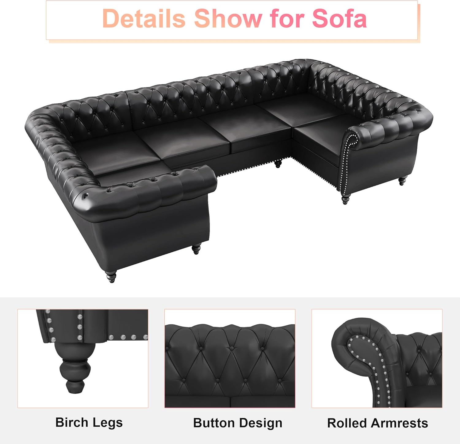 AVZEAR 3 Pieces Sectional U-Shaped Sofa, Leather Modular Sectional Couches Chesterfield Sofa Set, Modern Living Room Furniture Sets Upholstered Couch Set for Living Room, Office and Apartment, Black