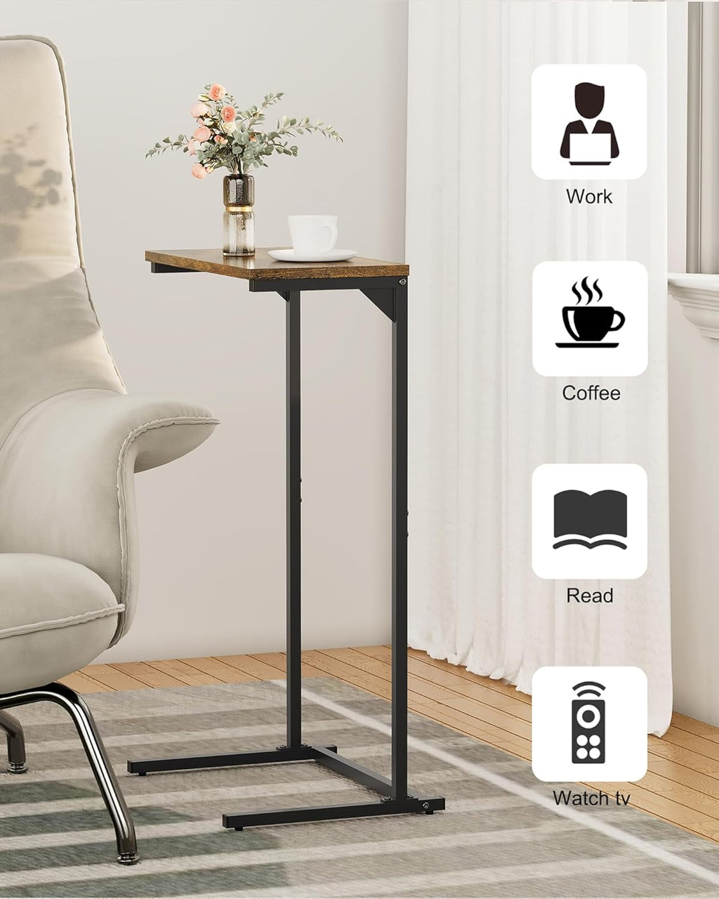 TUTOTAK C Shaped End Table, Tv Tray, Small Side Table, 28.7 inch Tall Couch Table, Tray Table, Sofa Table, Living Room, Bed Room, Brown TB01BB071