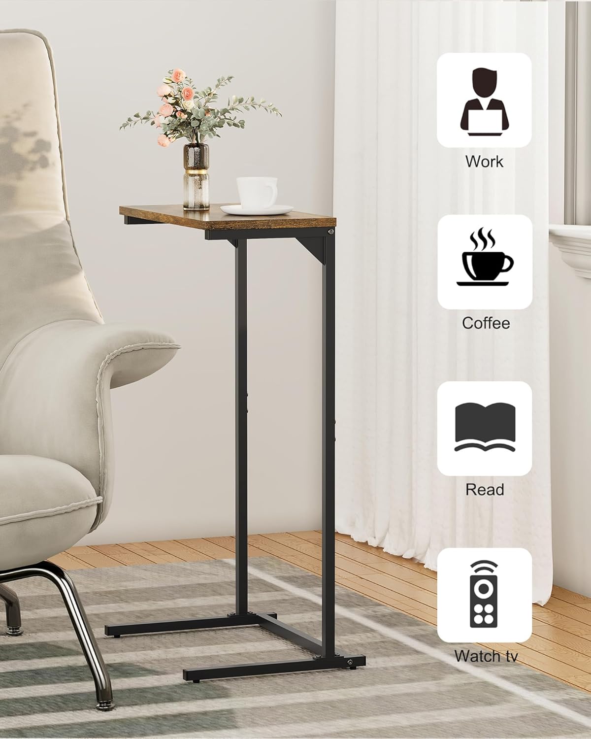 TUTOTAK C Shaped End Table, Tv Tray, Small Side Table, 28.7 inch Tall Couch Table, Tray Table, Sofa Table, Living Room, Bed Room, Brown TB01BB071