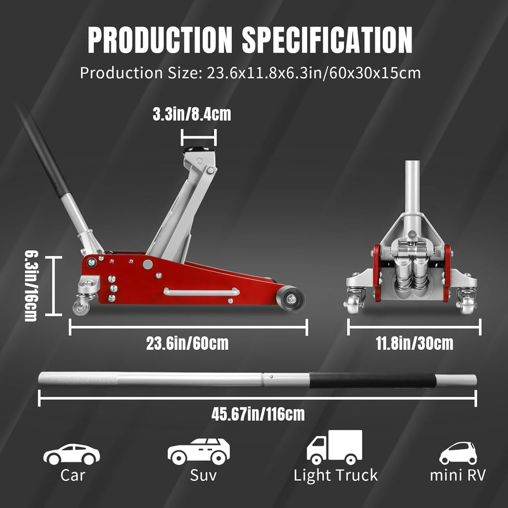 3 Ton Low Profile, Aluminum and Steel Racing Floor Jack with Dual Pistons Quick Lift Pump for Sport Utility Vehicle, Lifting Range 3-15/16" min to 18-5/16" max, Net Weight 58.5 lb, Red