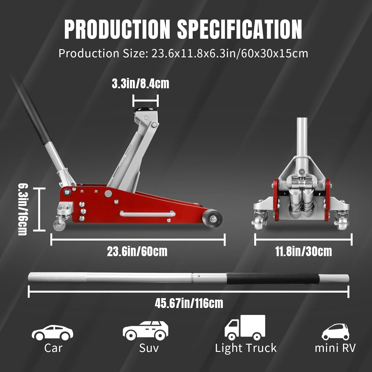 3 Ton Low Profile, Aluminum and Steel Racing Floor Jack with Dual Pistons Quick Lift Pump for Sport Utility Vehicle, Lifting Range 3-15/16" min to 18-5/16" max, Net Weight 58.5 lb, Red