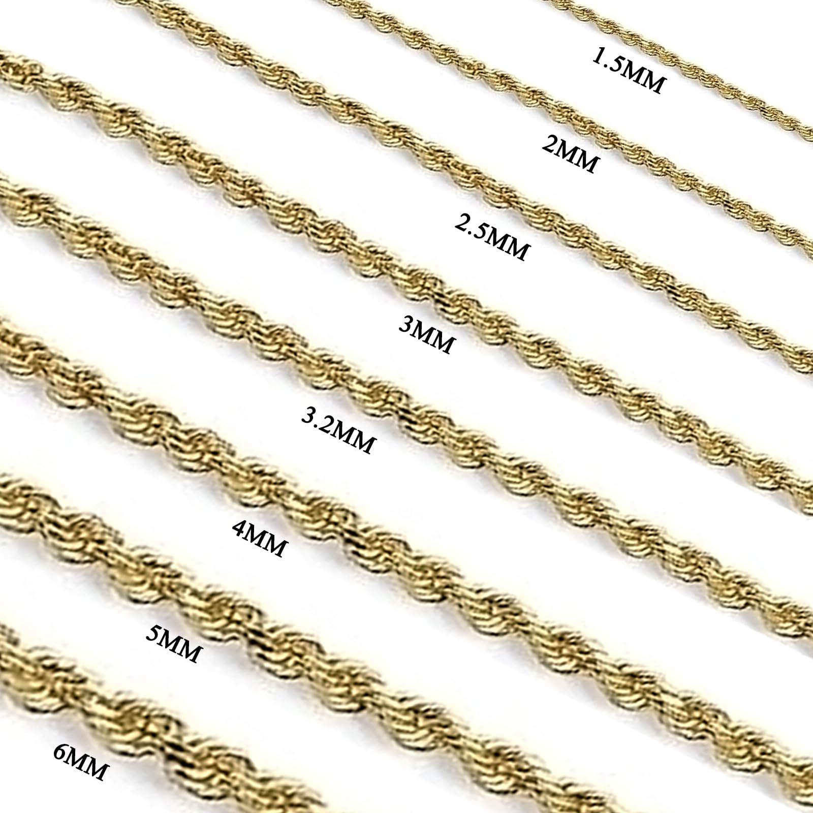 DIFINES Corrente de Corda de 3mm com Corte Diamante em Ouro Amarelo Maciço 14k Real com Fecho Lagosta, Presentes Ideais para Mulheres ou Homens - 16"