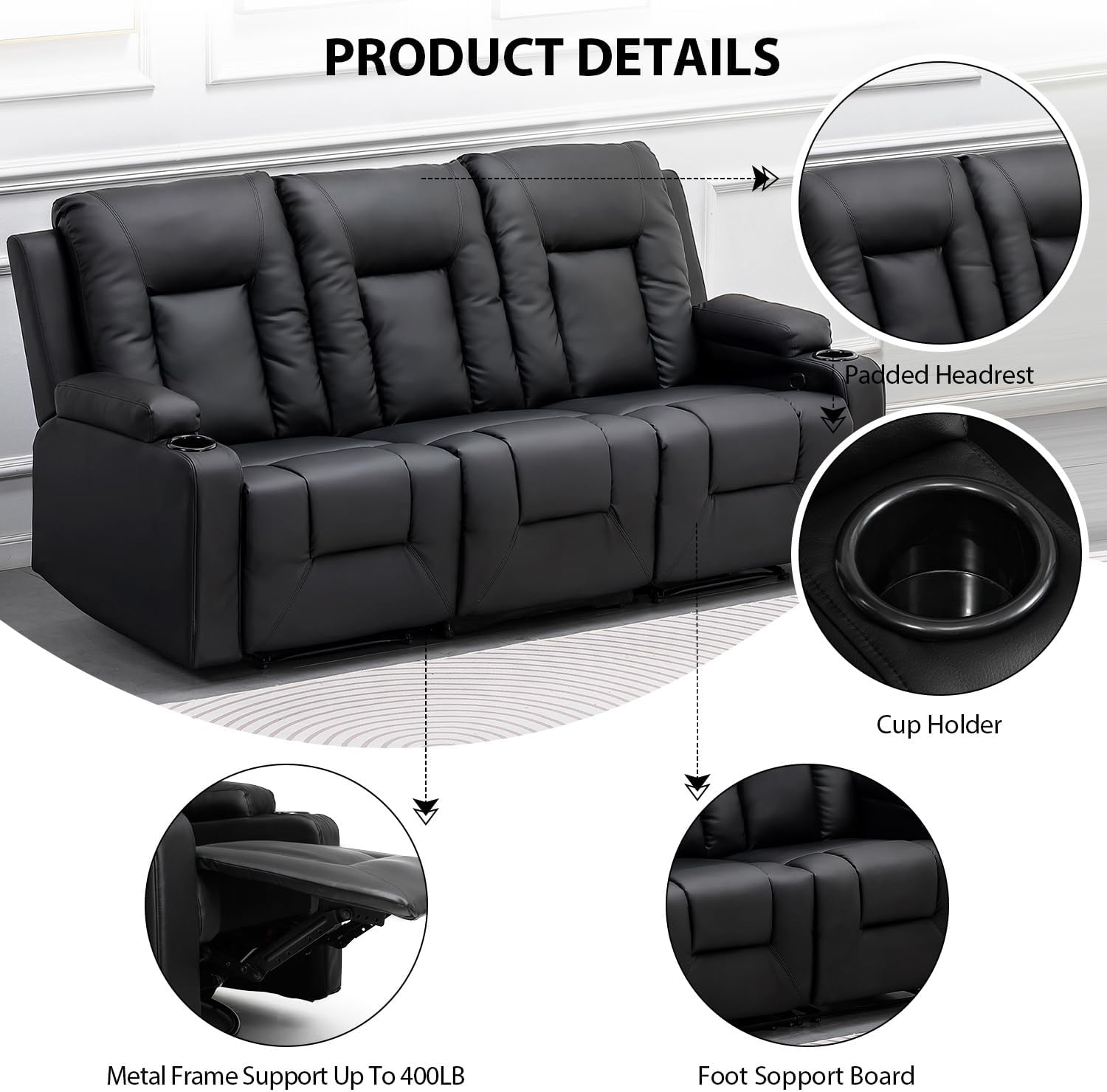 COMHOMA Recline Chair Set，Furniture 2PC Bonded Leather Recliner Set Living Room Set, Sofa, Loveseat（Black,Living Room Set3+2）