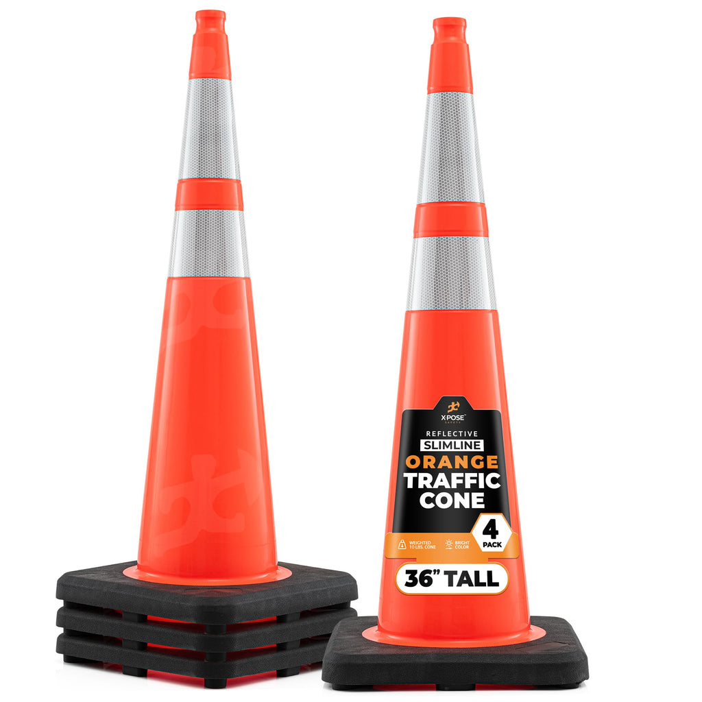 Xpose Safety 28 Inch Orange Slim Line Traffic Cones with 6" & 4" Collars, 24 Pack Multipurpose PVC Plastic Safety Cone for Parking, Soccer, Caution, Kids & Construction - DOT Approved