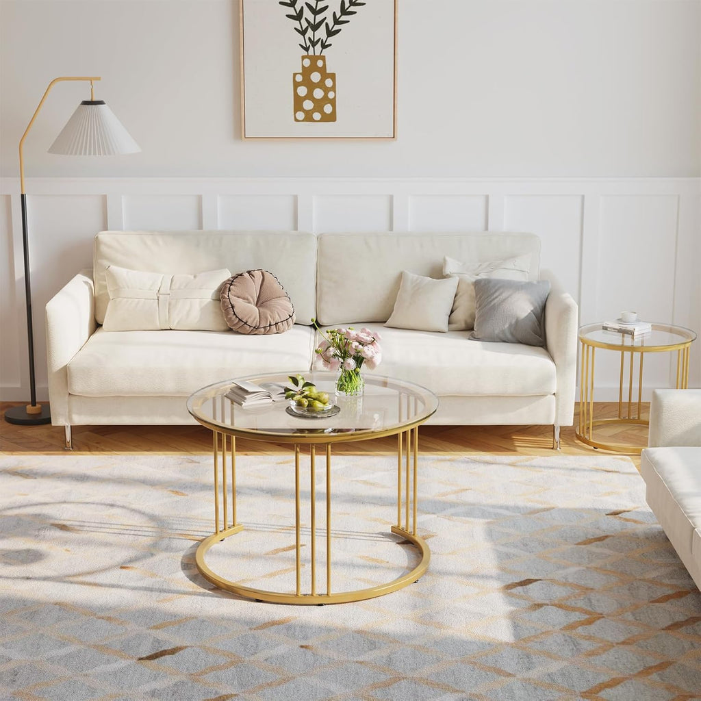 Garden 4 you Nesting Coffee Table, 23.6" Round Coffee Table Set of 2, Glass Nesting Table with Metal Frame, Ceter Tables for Living Room Bedroom Balcony, Gold