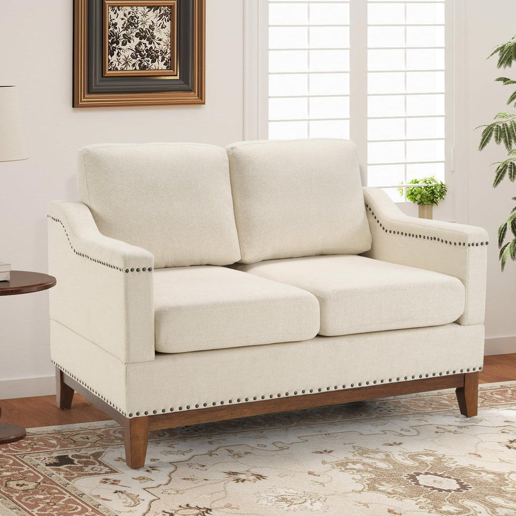 4-Piece Living Room Sofa Set with Coffee Table, Vintage Rivet Couch Sets with Solid Wood Legs, Chenille Sofas Furniture of Ottoman with Storage Space, Armchair, Loveseat and 3-Seat Sofa