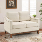 4-Piece Living Room Sofa Set with Coffee Table, Vintage Rivet Couch Sets with Solid Wood Legs, Chenille Sofas Furniture of Ottoman with Storage Space, Armchair, Loveseat and 3-Seat Sofa