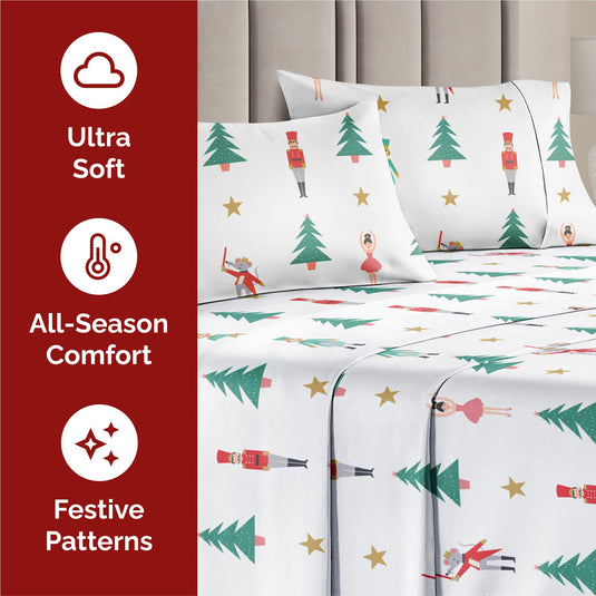 Queen Christmas Tree Sheet Set - Holiday Xmas Pattern Linen Set - Deep Pockets - Snug Fit - 4 Piece - Wrinkle Free - Comfy & Cooling Festive Winter Bedding - Easy To Care For - Kid Friendly