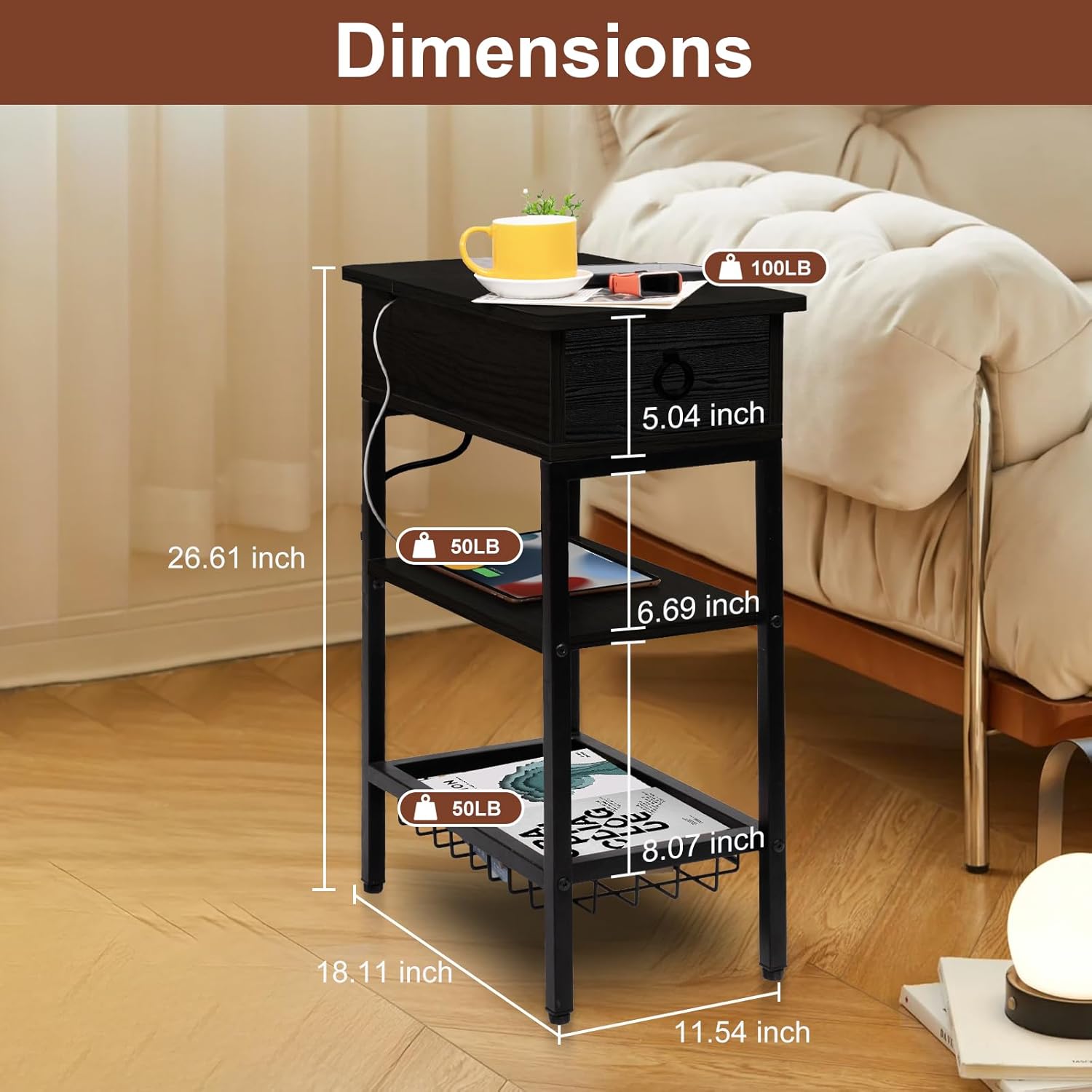 Small Black Side Table Charging Station for Bedroom, Narrow Black Living Room End Tables with Storage, Skinny USB Nightstand with Outlet, Gaming Coffee Table for Couch with USB Ports