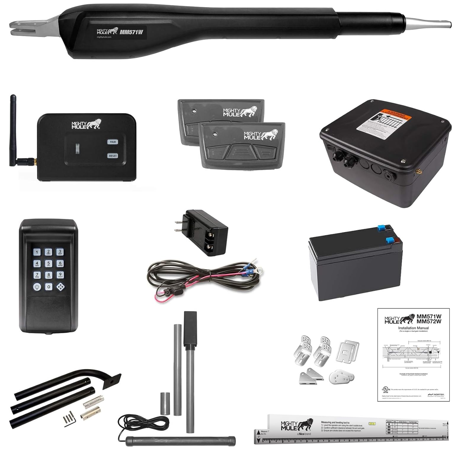 Mighty Mule MM572W HD Dual Arm Gate Openers 12 V Wireless AC/Battery Powered Automatic Gate Opener