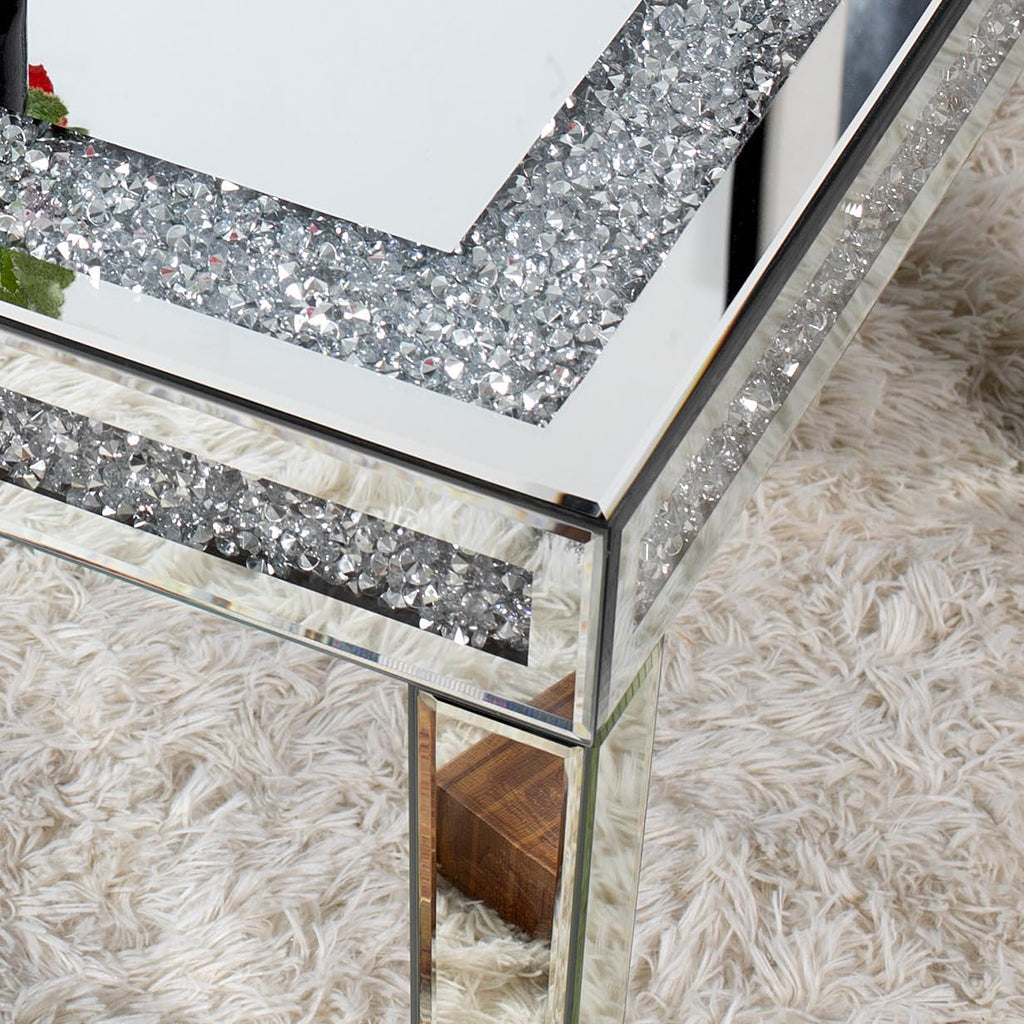 Silver Coffee Tables for Living Room with Dazzling Crushed Crystal Border, Clear Glass Rectangle Center Table Mirrored Finished, Glam Modern Living Room Furniture
