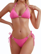 Ensemble bikini triangle à cordon pour femmes TASHEHE Maillot de bain deux pièces sexy à nouer sur les côtés Mignon maillot de bain dos nu - Rose - Petit