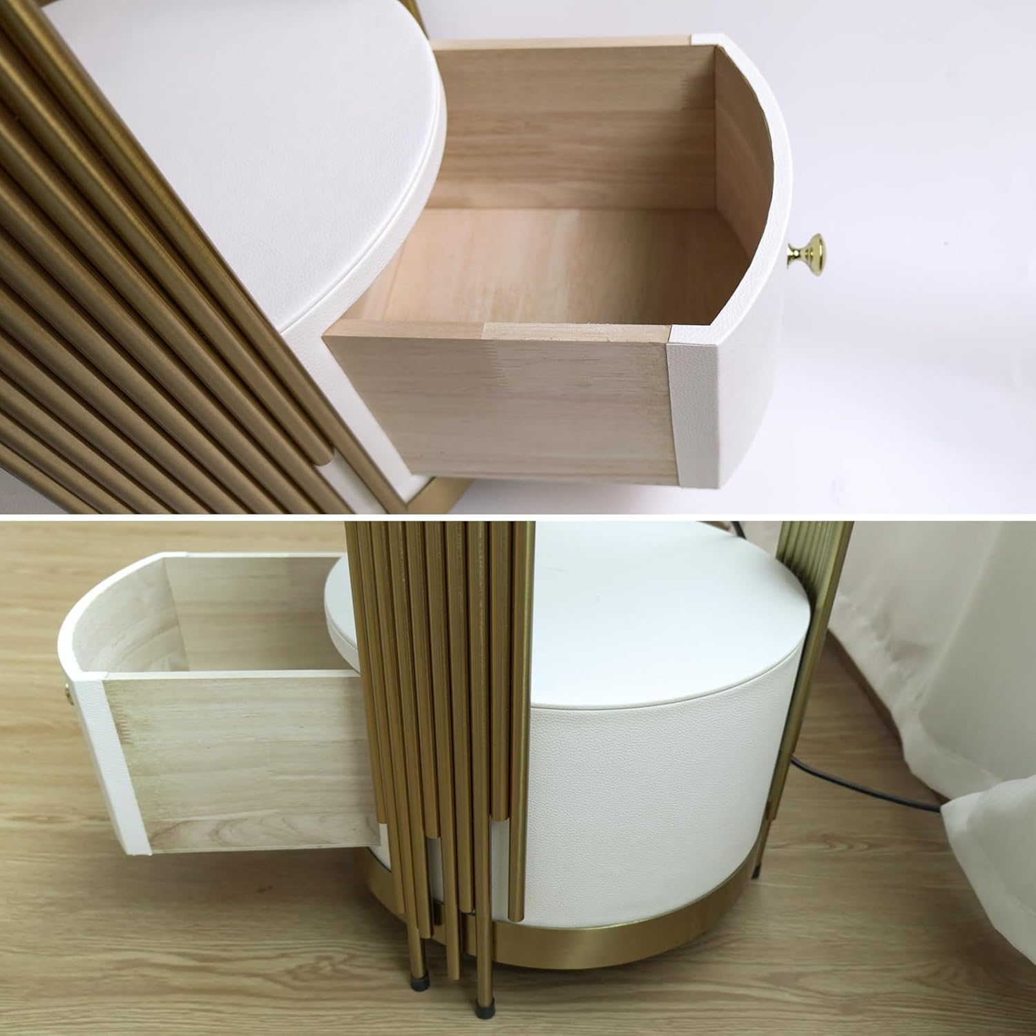 Gold Led Smart Round Nightstand with Drawer,Sofa Narrow End Table with Wireless Charging Station,Small Spaces Coffee Table/Bedside Table/Unique Accent Side Table