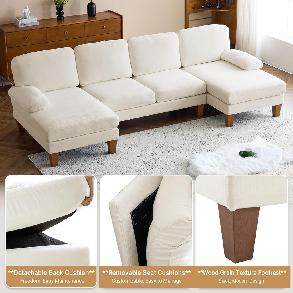 VINGLI 110" Sectional Couches for Living Room,U Shaped Couch with Double Chaise, 4-Seat Sofa Set with Chenille Fabric for Home Furniture,Beige