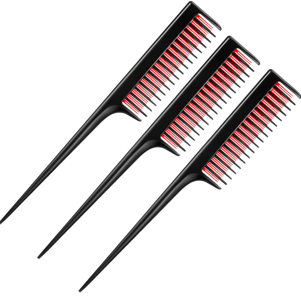 Leinuosen 3 Pcs Triple Teasing Comb Rat Tail Tool Tease Layers Pintail Comb for Women Back Root Teaser Adding Volume Structure Styling(Black and Red)