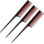 Leinuosen 3 Pcs Triple Teasing Comb Rat Tail Tool Tease Layers Pintail Comb for Women Back Root Teaser Adding Volume Structure Styling(Black and Red)