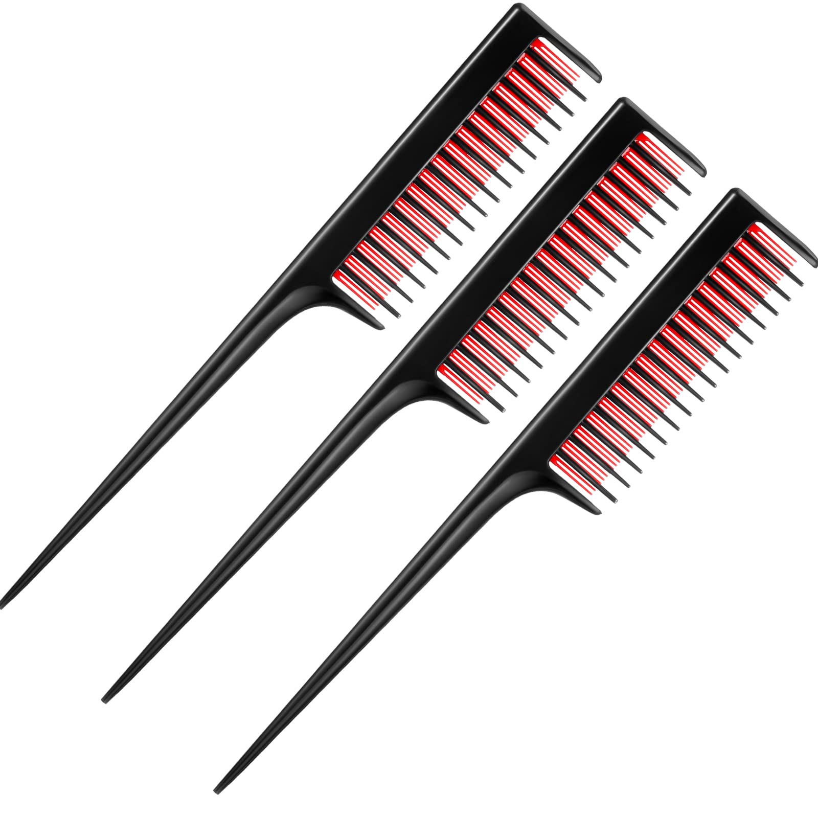 Leinuosen 3 Pcs Triple Teasing Comb Rat Tail Tool Tease Layers Pintail Comb for Women Back Root Teaser Adding Volume Structure Styling(Black and Red)