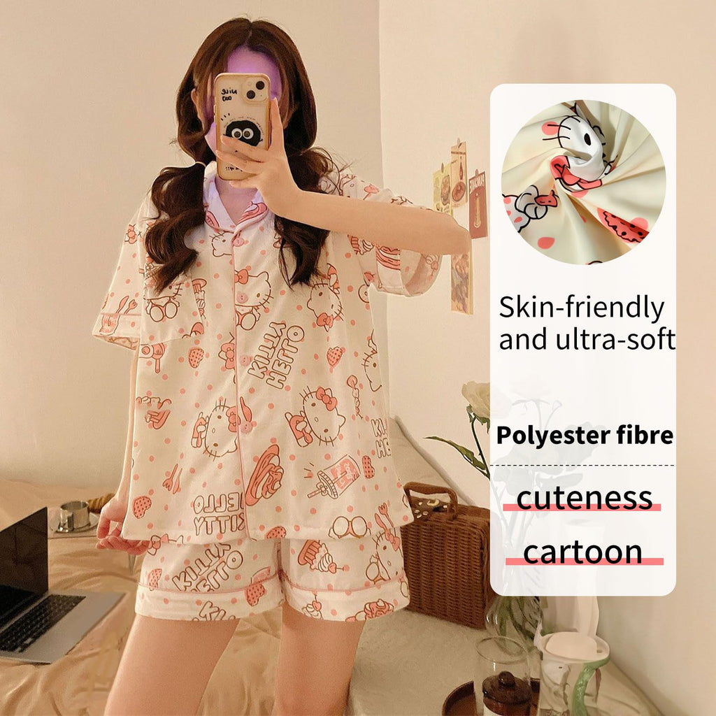 TradWloth Cute Women's Pajama Sets, Cartoon Print Sleepwear Short Sleeve Shirt and Casual Short - 2 Piece Pink