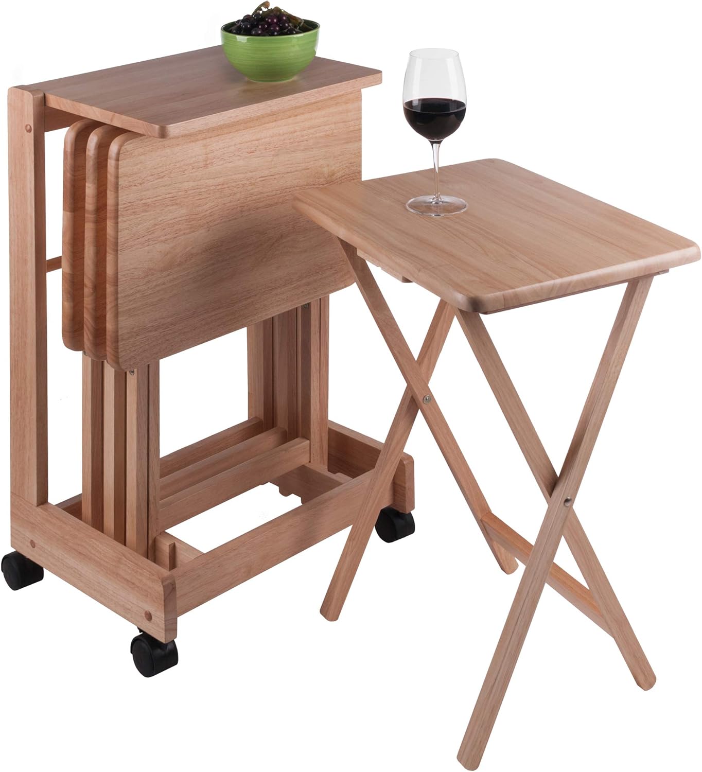 Winsome Brienda Snack Table Set with Mobile Serving Cart, for Living Room, Patio, 32", Natural, Set of 4 Tables