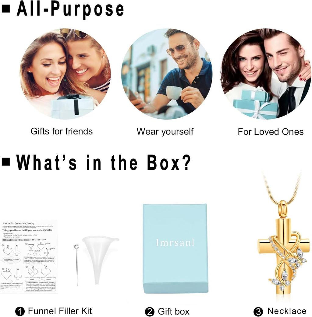 Imrsanl Butterfly Cross Urn Necklace for Ashes Men Women Cremation Jewelry Ashes Pendant for Human Memorial Ash Jewelry