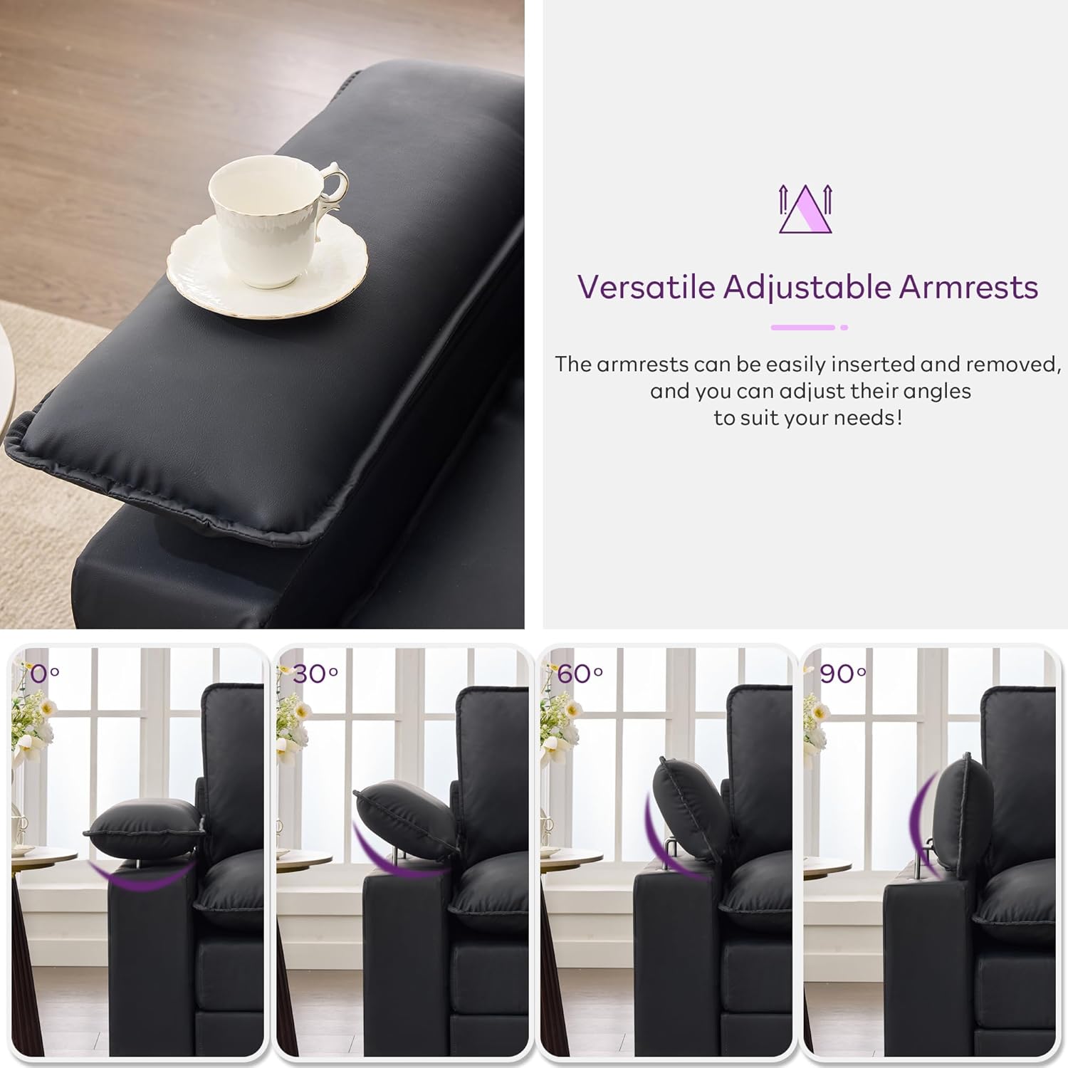 TYBOATLE 122'' Sofa Set for Living Room, Black Leather Sectional Couch with Chairs, Comfy Cloud Couch w/Adjustable Wider Armrest, Deep Seat Upholstered Modular Sofa for Office, Studio, Appartment