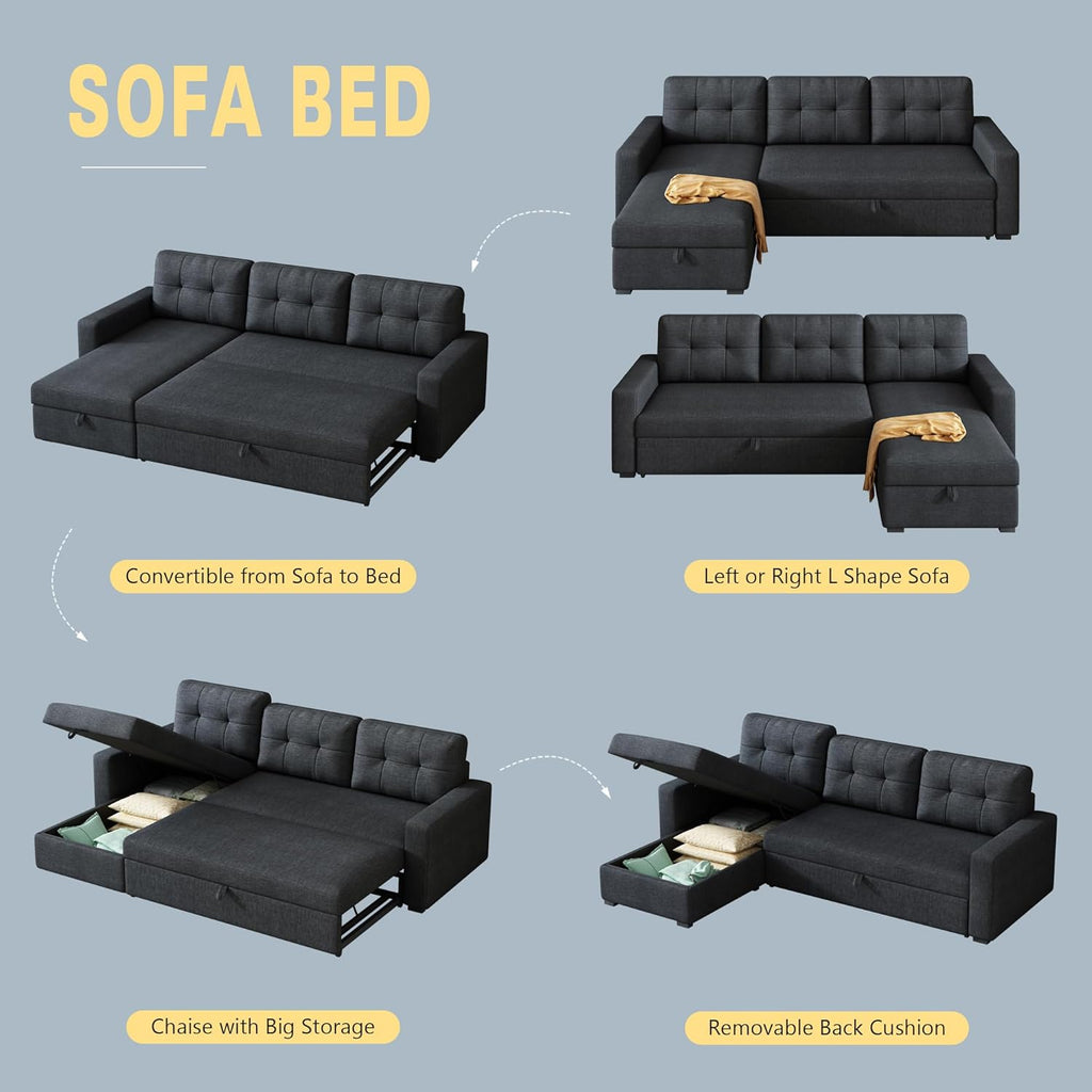 L-Shape Reversible Sectional Sleeper Sofa Bed 4 in 1 Pull Out Couch with Storage Chaise & Removable Back Cushions,Convertible Sleeper Corner Couch Pull-Out Sofa Bed for Living Room,Office