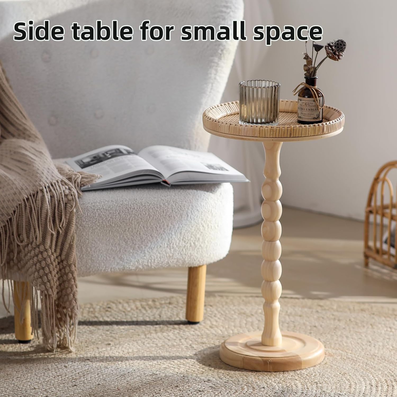 Rattan Small Side Table, Round Drink Table for Small Spaces, Boho Accent End Table with Solid Wood Leg for Living Room, Nightstand Table for Bedroom, Corners