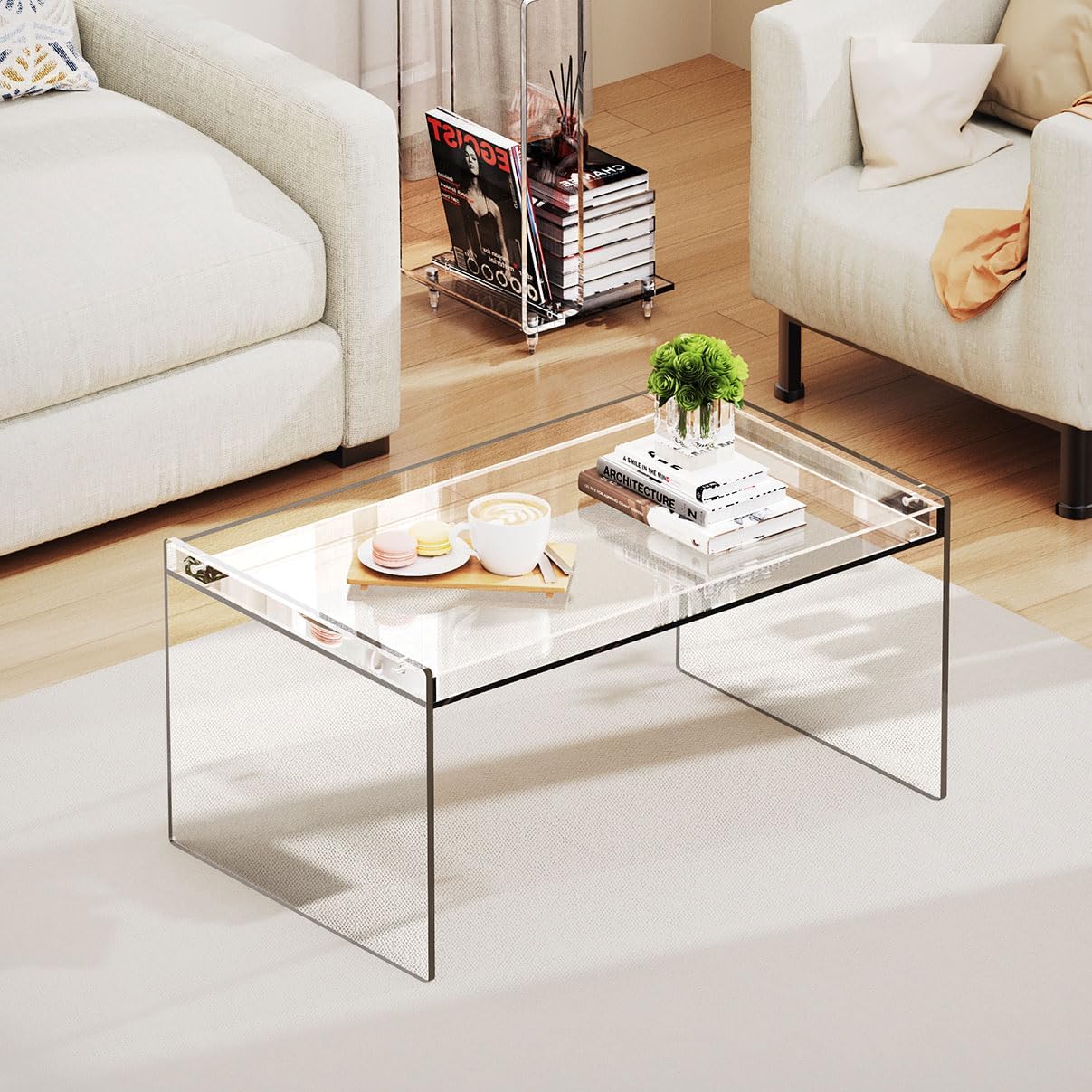 Acrylic Coffee Table, Modern Clear Rectangle Lucite Table for Living Room, Bedroom, Office (Clear, 31.5" L*19.7" W *15.7" H)