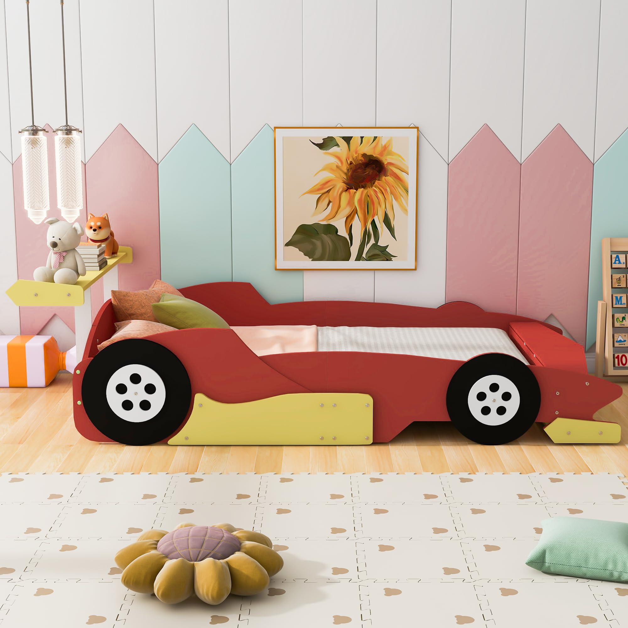 Bellemave Full Size Race Car Bed for Kids,Wood Car-Shaped Platform Bed with Storage Shelves,Car Bed Full with Wheels for Boys,Girls,(Full,Red)