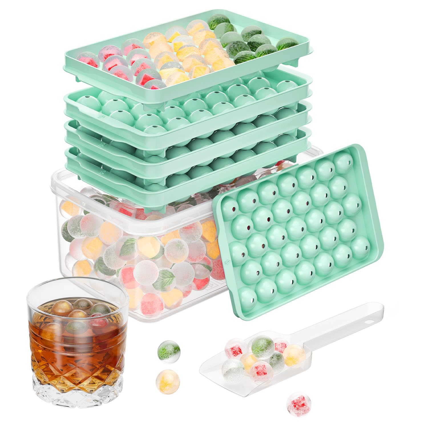 3 Pack Ice Trays for Freezer, 99 PCS Ice Cube Tray with Lid and Bin, Round Ice Cube Mold, Circle Ice Maker for Chilling Drinks (0.8 inch, Blue)