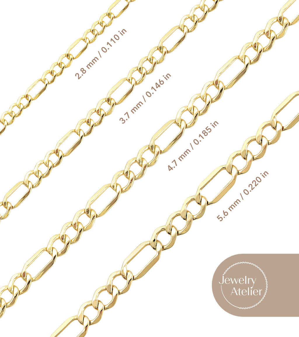Collezione Collane Catena in Oro Atelier Gioielli - Collane Catena Figaro Riempite in Oro Giallo Massiccio 14K per Donne e Uomini con Diverse Misure (2.8mm, 3.7mm, 4.7mm, 5.6mm)