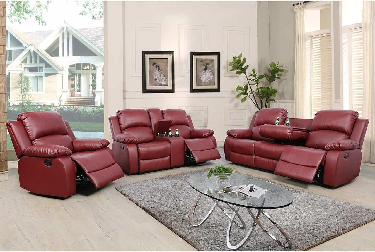 Bonded Leather Living Room Furniture Set Reclining Sofa Set Loveseat Furniture Sets in Living Room Sofa Recliners (3 Pieces, Brown)